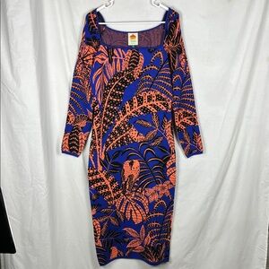 NWT Farm Rio Blue Tropical Gold Blue Long Sleeve Midi Dress Tropical Print